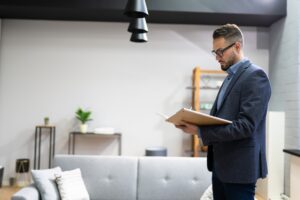 A man in a suit stands by a couch, reading a book for a blog post.