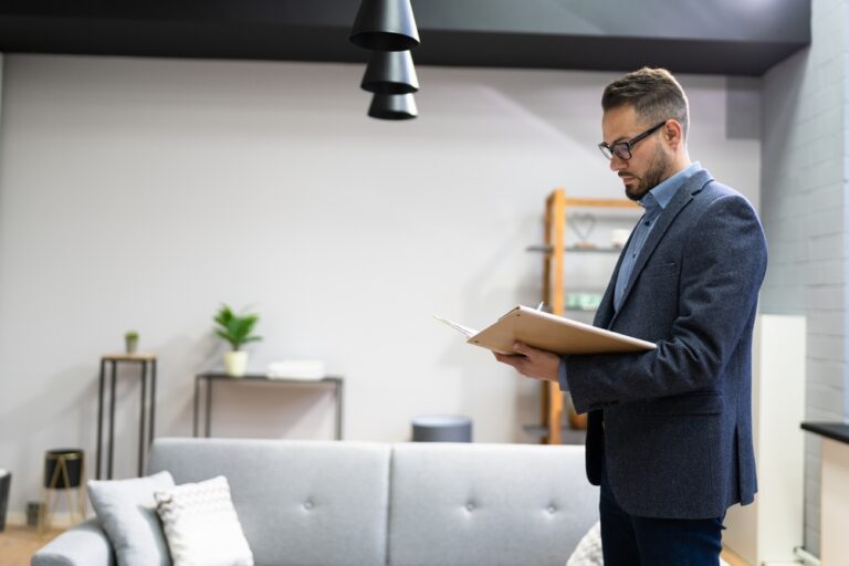 A man in a suit stands by a couch, reading a book for a blog post.